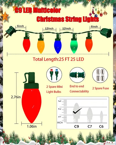 Vista 3 de Luces de Navidad C9 para exteriores, 25 pies, 25 luces LED multicolor