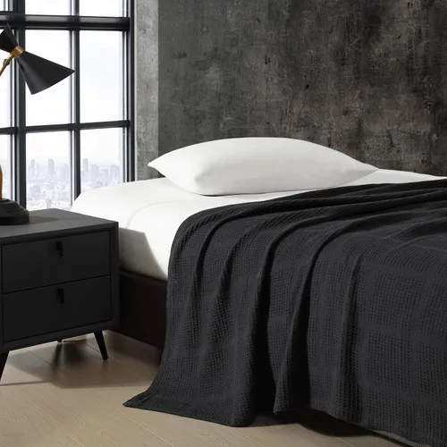 Vista 3 de Kenneth Cole - Manta tamaño King, manta de algodón 100% texturizado de rejilla de gofre para cama o sofá, ligera y transpirable para comodidad Negro