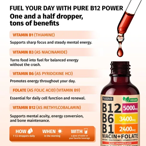 Vista 3 de Paquete de 2 gotas líquidas de vitamina B12 y B6, complejo de vitamina B sublingual B12 - Vitamina B 12 de 5000 mcg - B12 metilcobalamina