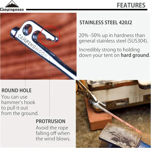 Vista 3 de CAMPINGMOON 7.87 pulgadas 8 piezas de acero inoxidable martensítico 420J2 endurecido forjado estaca estaca estaca de potencia ideal para suelo duro