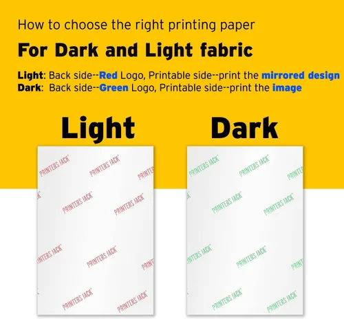 Vista 4 de Printers Jack - Papel termotransferible para tela oscura y clara, paquete de 10 hojas para tela oscura + 10 hojas para tela clara, papel