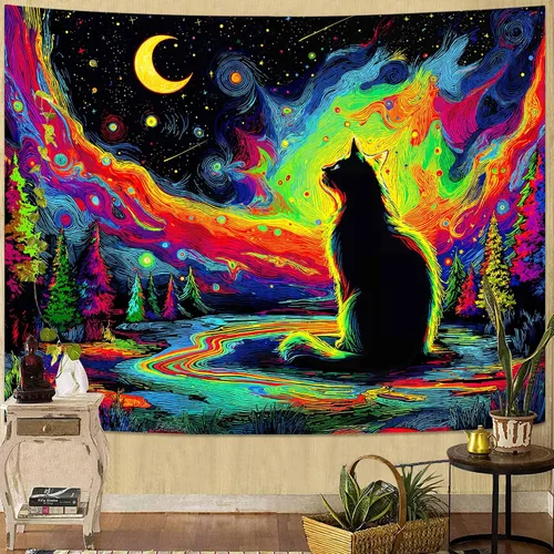 Vista 10 de Kanuyee Tapiz de luz negra de neón para colgar en la pared, bosque encantado, cascada, tapices para dormitorio, tapices UV, para colgar en la pared