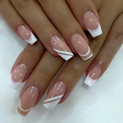 Vista 30 de 24 uñas postizas cortas a presión, color rosa RTKHFZE con diseño de mariposa blanca y diamantes de imitación, uñas postizas cuadradas de cobertura