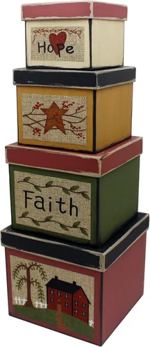 Vista 2 de CVHOMEDECO. Square Primitives - Juego de 4 cajas de cartón coleccionables vintage Hope Faith Star House (8 x 8 x 7 pulgadas de alto)