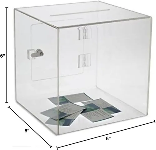 Vista 2 de Source One Caja de donación de cubo acrílico premium con puerta trasera abierta de lujo y caja de sugerencias de bloqueo de leva