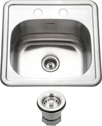 Vista 7 de Houzer Fregadero de barra y preparación de acero inoxidable para hospitalidad: fregadero de 2 agujeros de montaje superior de 15 pulgadas para bar