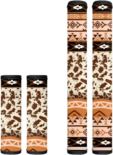 Vista 2 de Juego de 4 fundas para manijas de microondas con diseño de rayas de vaca tribal, azteca, decoración de cocina, antideslizantes, a prueba