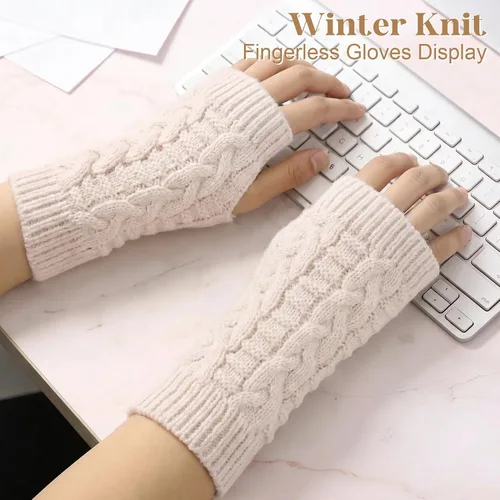 Vista 6 de Loritta Guantes sin dedos para mujer, calentadores de brazos con orificio para el pulgar de invierno de punto y ganchillo A1-beige/gris claro/gris