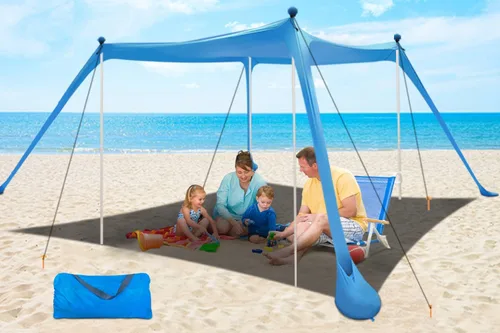 Vista 8 de YENGIAM Toldo de playa, tienda de campaña de playa, sombra desplegable de 7.5 x 7.5 pies, refugio solar portátil con cuerda extra resistente al