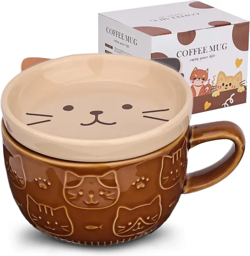 Vista 11 de Linda Taza de Cerámica para Gatos con Tapa, Tazas de Café Kawaii o Tazas de Té para Amantes de los Gatos, Tazas Divertidas de Novedad