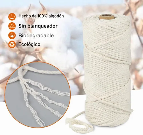 Vista 3 de Cordón de algodón para macramé, hilo torcido de 4 capas, cuerda de algodón natural, suministros perfectos de macramé, para hacer soportes colgantes