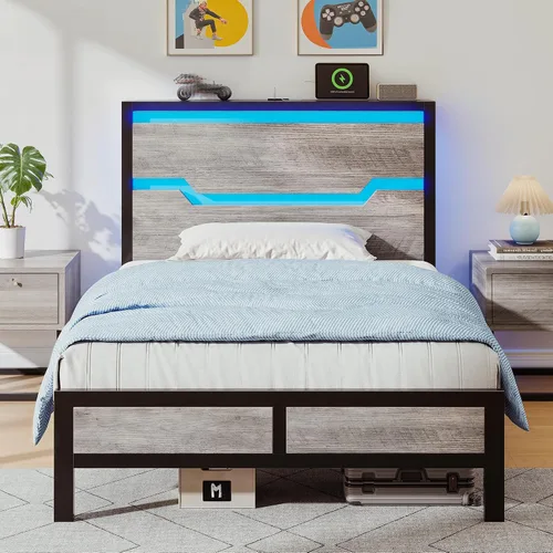 Vista 11 de Homkdom Twin Size Bed Frame with LED, Headboard Shelf & USB Ports