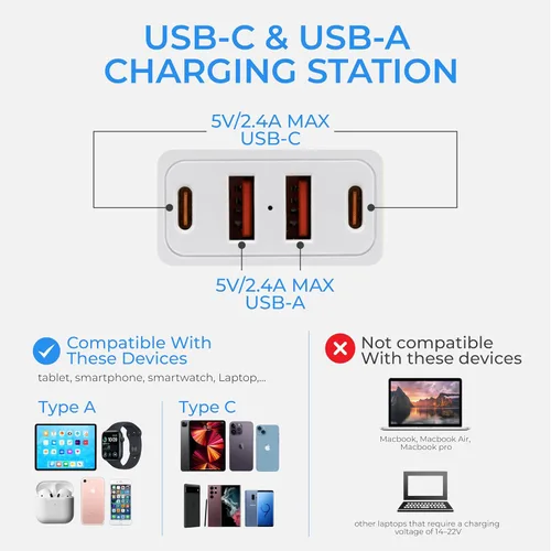 Vista 3 de Regletas de corriente para montaje en pared, cargador de pared, extensor de 6 enchufes, 4 puertos USB (5V, 2.4A, 12W) y luz nocturna, regleta
