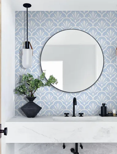 Vista 4 de Guvana Papel tapiz geométrico de 17.32 x 118 pulgadas, papel tapiz azul para despegar y pegar, papel de contacto de enrejado azul y blanco, papel