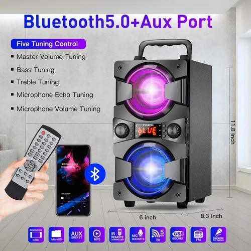 Vista 4 de Altavoces Bluetooth de 60 W, altavoz inalámbrico portátil con subwoofer doble, graves pesados, radio FM, micrófono, luces, ecualizador remoto, caja