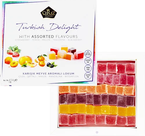 Vista 2 de Cerez Pazari - Delicia turca con sabores de fresa, melocotón, melón, mandarina, mora, Mezcla de sabores, Caja de regalo con aperitivos gourmet