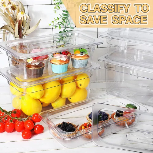 Vista 4 de Tioncy 12 sartenes transparentes de tamaño 1/3 con tapas, recipientes apilables de plástico para ensaladas, almacenamiento comercial de alimentos