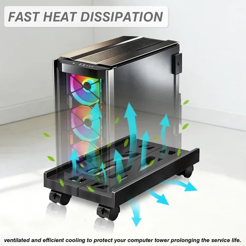 Vista 4 de Soporte de PC, soporte móvil para CPU para piso, soporte enrollable ajustable para CPU, soporte de torre de computadora debajo del escritorio, Negro