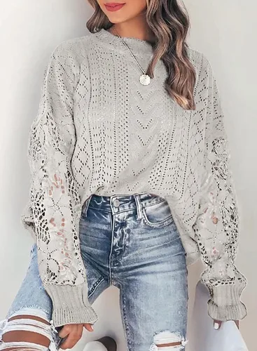 Vista 2 de AlvaQ - Suéter para mujer de encaje de ganchillo manga larga cuello redondo suéteres tejidos de punto para invierno sin botones