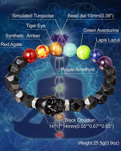 Vista 6 de XHUUU Pulsera de 7 chakras con estatua de calavera para mujeres y hombres, obsidiana negra, corte estrella, cristales reales y piedras curativas