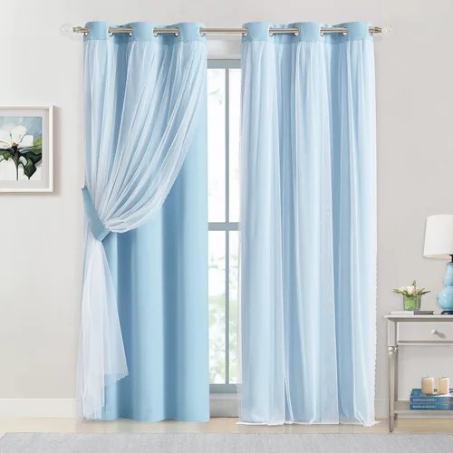 Vista 33 de Bujasso Cortinas 80% Opacas Beige con Superposición de Gasa Mezcla y Combinación Paneles de Ventana con Aislamiento Térmico de Doble Capa de 63