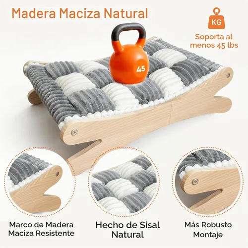 Vista 4 de Cama elevada de felpa para gatos, acogedora hamaca elevada para gatos con marco de madera maciza, cojín suave y peludo para gatos