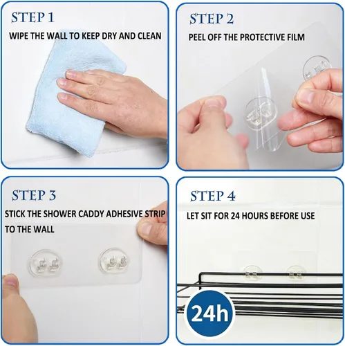 Vista 4 de LeLehome Paquete de 14 ganchos adhesivos de repuesto para regadera, resistentes e impermeables, transparentes, sin perforaciones, para estantes