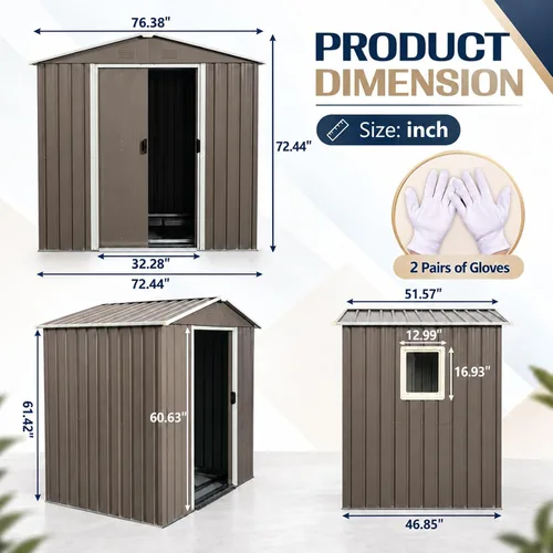 Vista 4 de Cobertizo de almacenamiento para exteriores de 6.23 x 4.3 pies con base de metal, puertas correderas y ventanas, protección solar, cobertizo de Gris