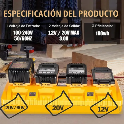 Vista 3 de Cargador rápido de 4 puertos de repuesto para Dewalt 12v/20v Max 20v/60v Multi cargador de batería, cargador de batería DCB104
