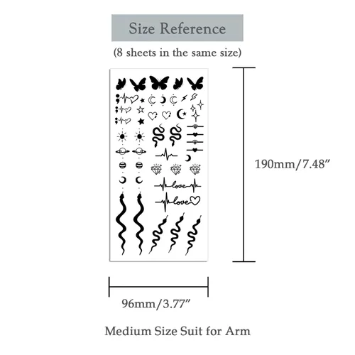 Vista 3 de 8 hojas de calcomanías falsas impermeables temporales para tatuajes temporales, más de 100 diseños bonitos para manos, fresa, serpiente, luna, hoja