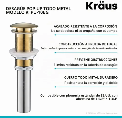 Vista 5 de KRAUS Desagüe emergente, se adapta a fregaderos con apertura de drenaje de 1.75 pulgadas, oro cepillado, PU-10BG