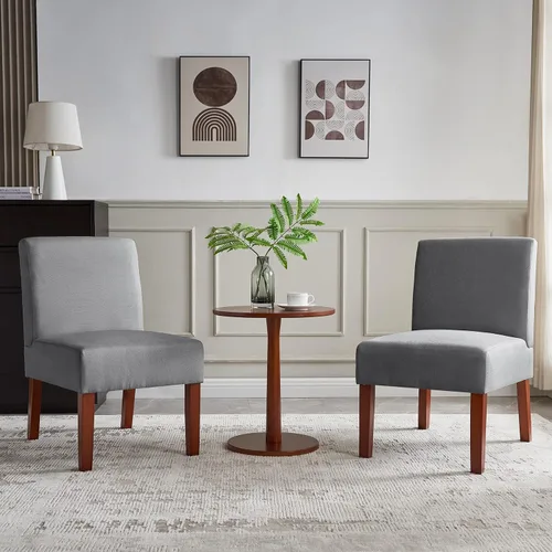 Vista 9 de Juego de 2 sillas decorativas con mesa a juego, sillas laterales tapizadas de lino de madera maciza para sala de estar, dormitorio, sala de espera