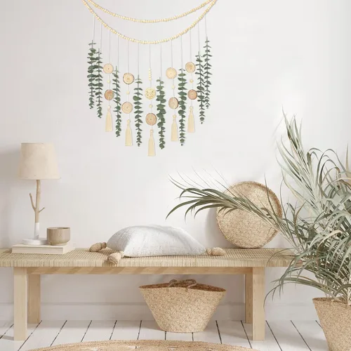 Vista 4 de Decoración de pared de eucalipto artificial con bola de mimbre, decoración bohemia natural para el hogar, guirnalda de cuentas de madera colgante