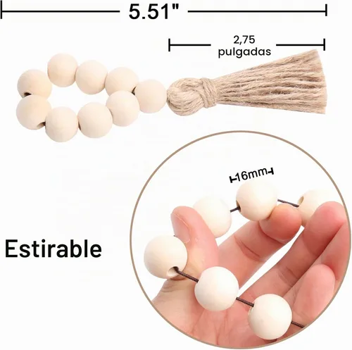 Vista 2 de Juego de 12 servilleteros de cuentas de madera con borlas de cuerda de yute para Navidad, granja, boda, hogar, mesa de comedor, decoración de fiesta