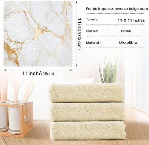 Vista 3 de Paquete de 6 paños de cocina de arte abstracto de mármol dorado para secar platos, paños de limpieza absorbentes, paños reutilizables para cocina
