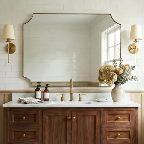 Vista 15 de ANDY STAR Espejo de baño de bronce cepillado, espejo festoneado de 24 x 36 pulgadas para baño, espejo rectangular de bronce antiguo con marco