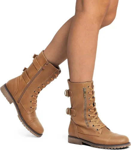 Vista 6 de DREAM PAIRS Women's Combat Boots, Mid Calf Built-in Wallet Pocket Lace up Military Ankle Booties