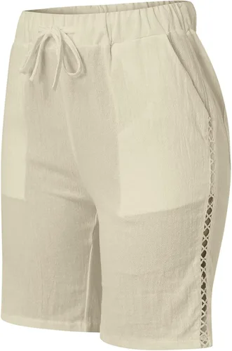Vista 5 de Bermudas de algodón y lino para mujer, cintura alta elástica, color sólido, pantalones cortos cómodos de verano con bolsillos