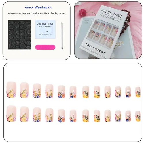 Vista 4 de 24 uñas postizas cuadradas a presión, cortas, bonitas, florales, acrílicas, con diseños de flores de arcoíris, uñas reutilizables con pegamento