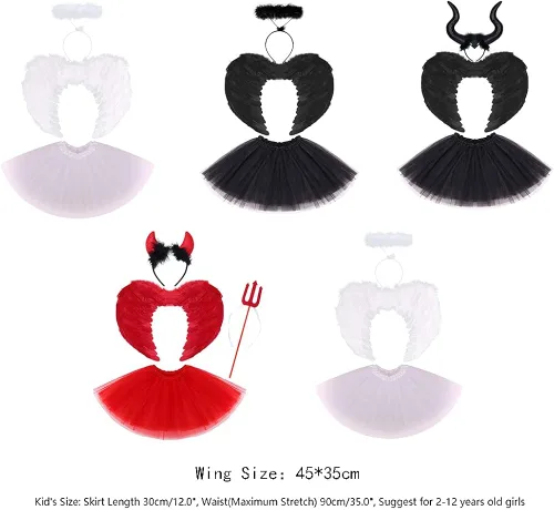 Vista 6 de IMEKIS Disfraces de ángel y diablo para niña bruja Halloween falda alas varita horca diadema de cuerno para cosplay 2-12T