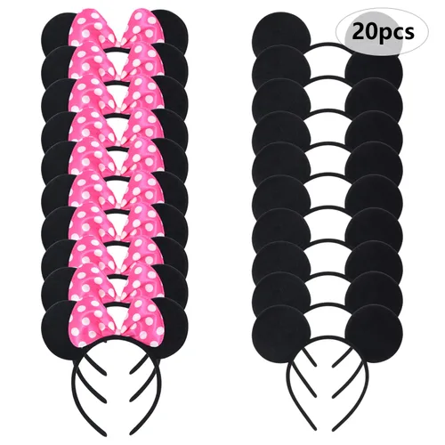 Vista 8 de CrushJoy-US 20 piezas de orejas de Mickey y Minnie Mouse, color sólido negro y lazo rosado, diadema para niños y niñas (rosado y negro)