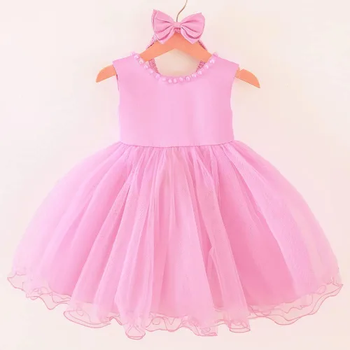 Vista 6 de 6M-6T Vestido de encaje sin espalda para bebé, vestido formal de princesa con gorro Rosa bebé