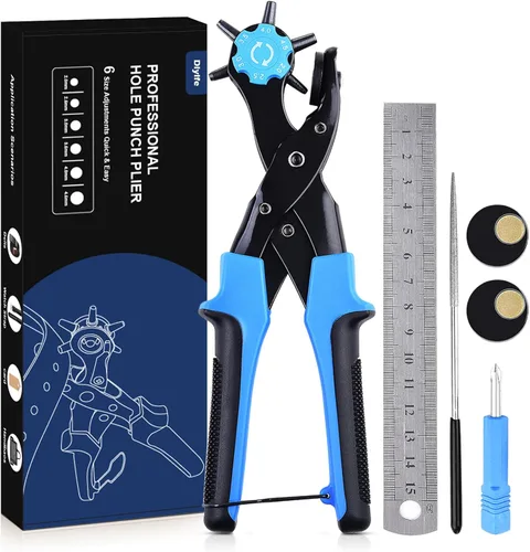 Vista 11 de Diyife® Perforadora de cuero, perforadora para cinturón resistente, kit de alicates giratorios con aguja de molienda extra, placas de perforación