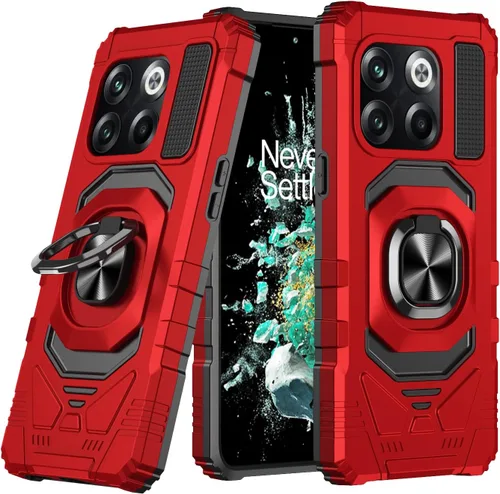 Vista 3 de Funda para OnePlus 10T 5G con protector de pantalla de vidrio templado, con soporte magnético para anillo de automóvil, funda resistente (rojo)