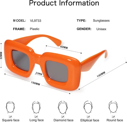 Vista 4 de VANLINKER Lindas gafas de sol cuadradas infladas para mujeres y hombres, gafas gruesas retro con marco grueso divertido máscara sombras VL9733
