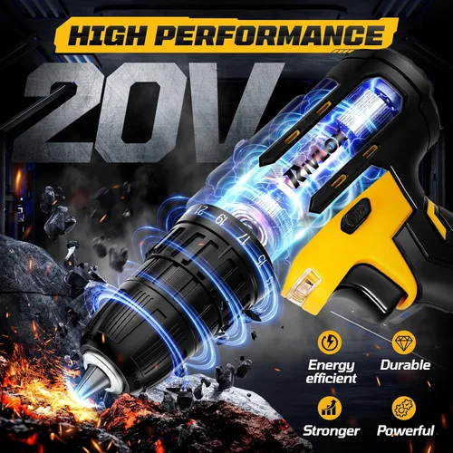 Vista 4 de Juego de taladro inalámbrico, 21+1 par de torsión, taladro eléctrico de 20 V con batería de 2000 mAh y cargador de 2 A, equipado con portabrocas sin