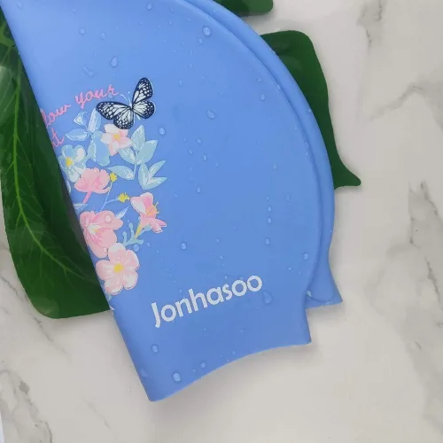 Vista 4 de Gorro de natación para mujer, gorra de natación de silicona para cabello largo con estampado de flores