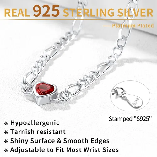 Vista 6 de ChicSilver Pulsera de plata de ley 925 con forma de corazón y piedra natal redonda para mujer, regalo de joyería de cumpleaños para el día