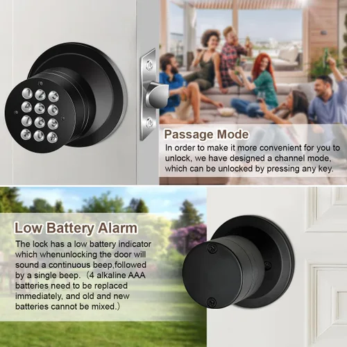 Vista 6 de Pomo de puerta con teclado, cerradura de puerta sin llave, pomo de puerta con código electrónico negro, modo de paso, fácil de instalar para hogar