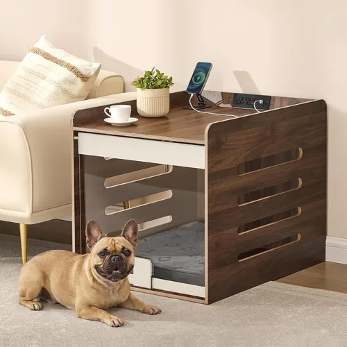 Vista 8 de Feandrea Mueble moderno para perros con estación de carga, pequeña perrera interior con puerta acrílica oculta abatible, para perros pequeños